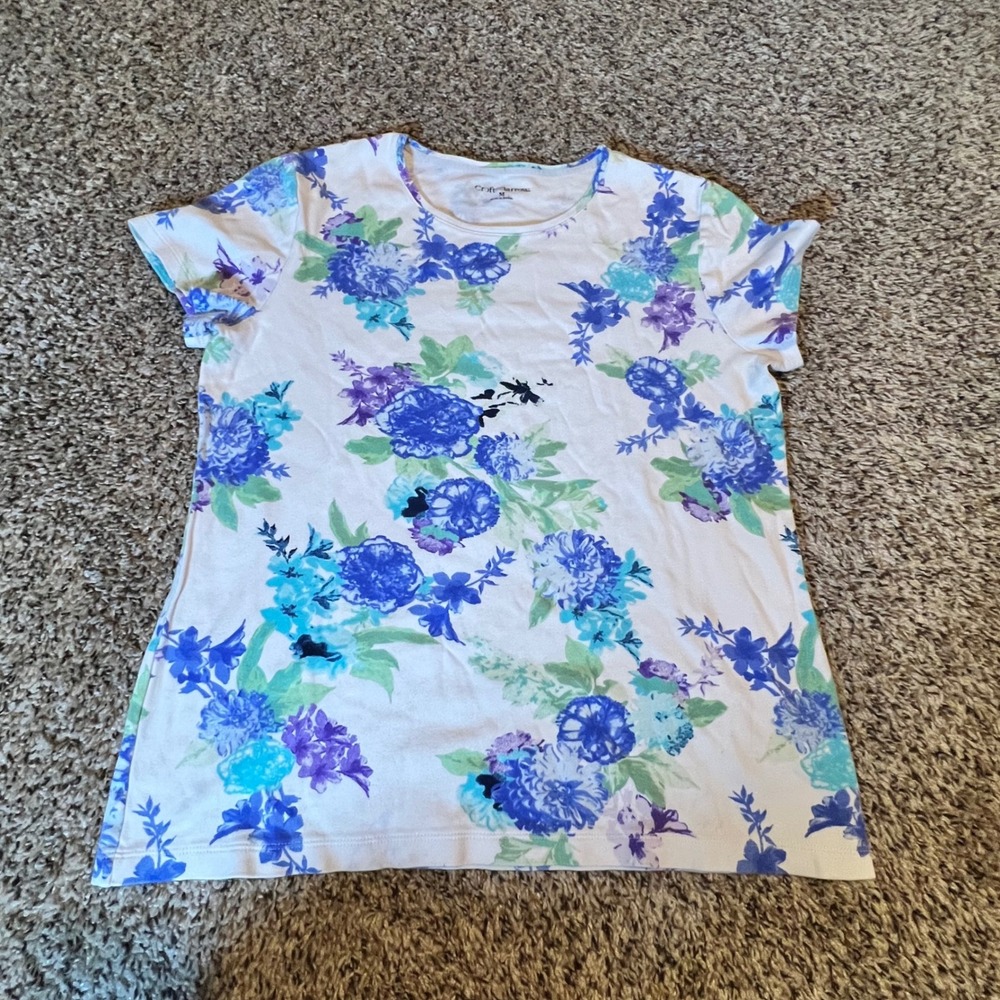 Croft & Barrow Womens White Blue Floral 100% Cotton Crew Neck T-Shirt Size M